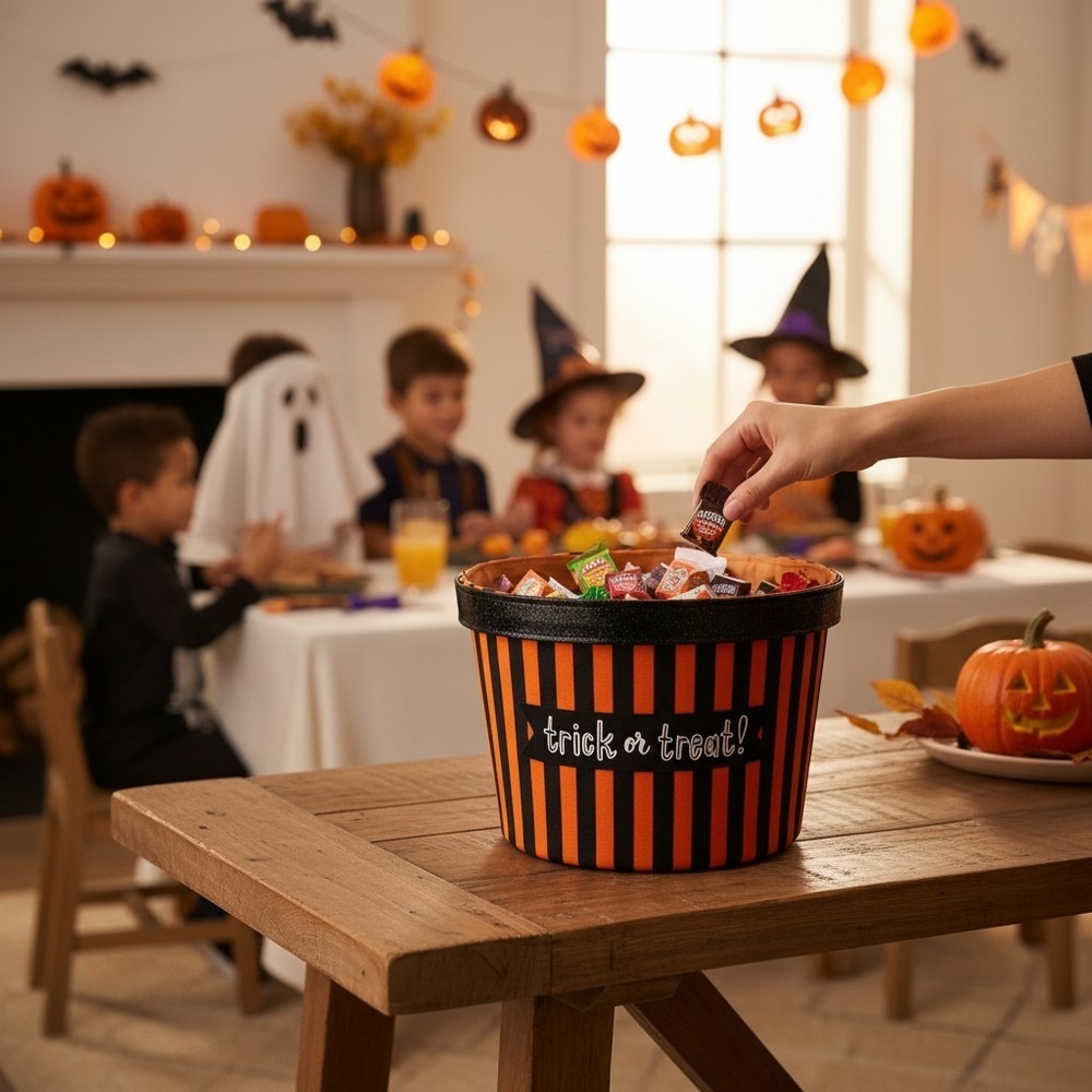 IQ Accessories Treat Bucket Kids OS Orange Brand New Halloween Striped Canvas